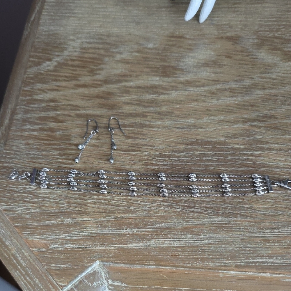 Sterling Silver Multi-Row Chain Bracelet with Matching Drop Earrings